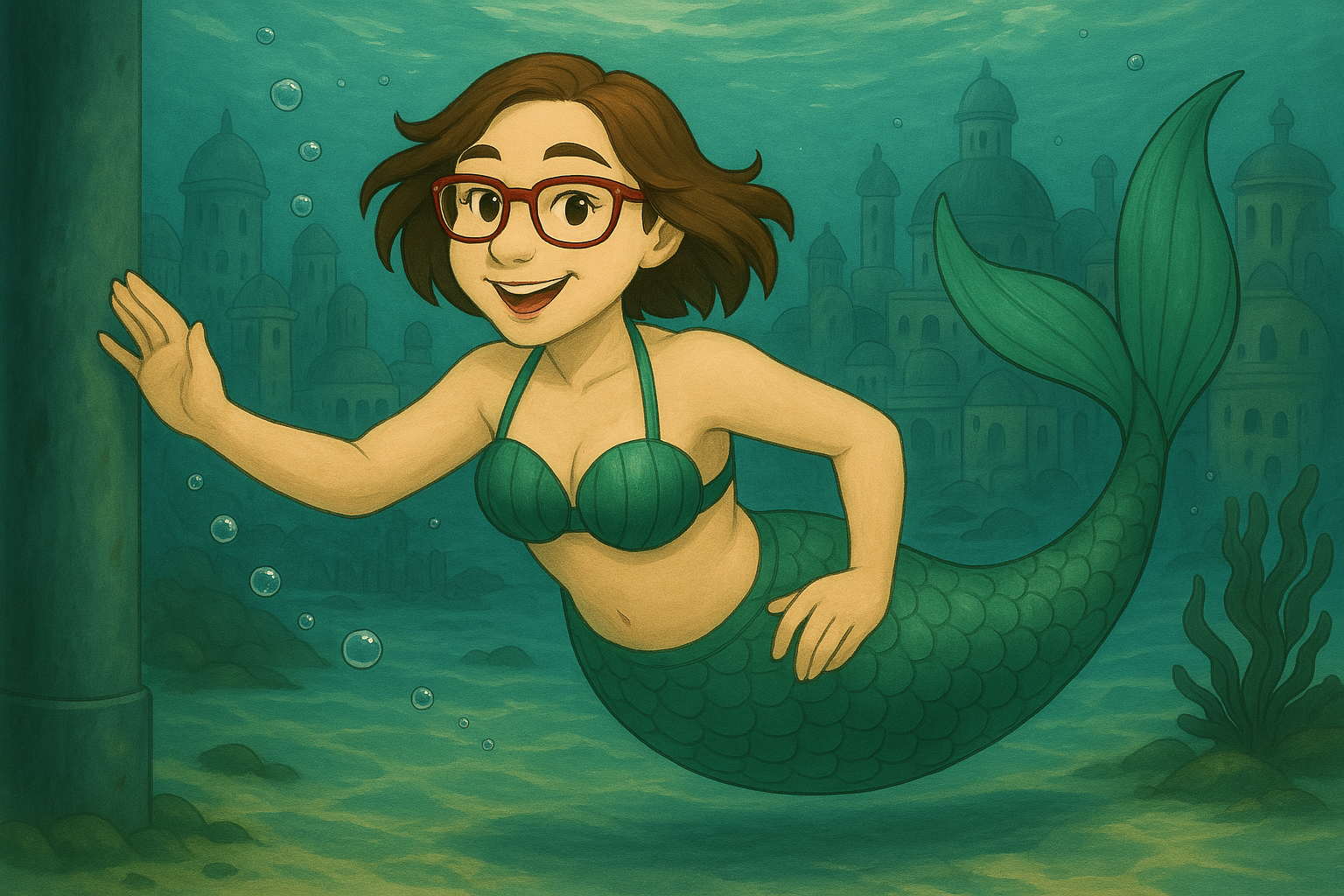 A cartoon mermaid character swimming gracefully